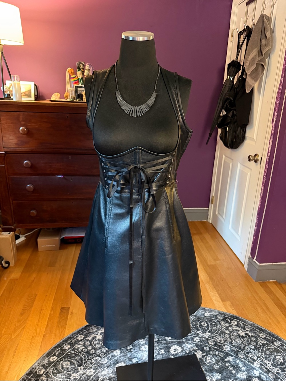 Black Genuine Leather Dirndl Lace-Up Corset Dress.